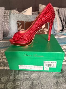 Lauren Lorraine Red Crystal-Studded Peep-Toe Stiletto Pump